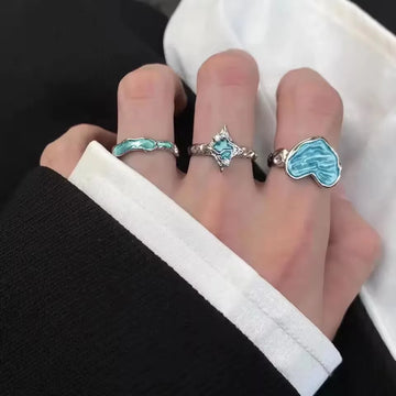 DAIIIBABYYY  -  Vintage Blue Drip Oil Love Heart Geometric Open Metal Finger Rings For Women Y2K Fashion Personality Aesthetic Jewelry 2025 New
